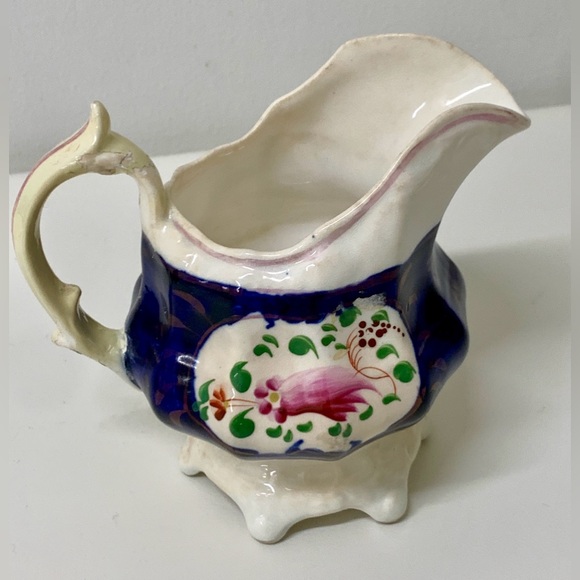 19th Century Vintage Gaudy Welsh Feather Pattern Thorn Handled Creamer Jug - Picture 11 of 16